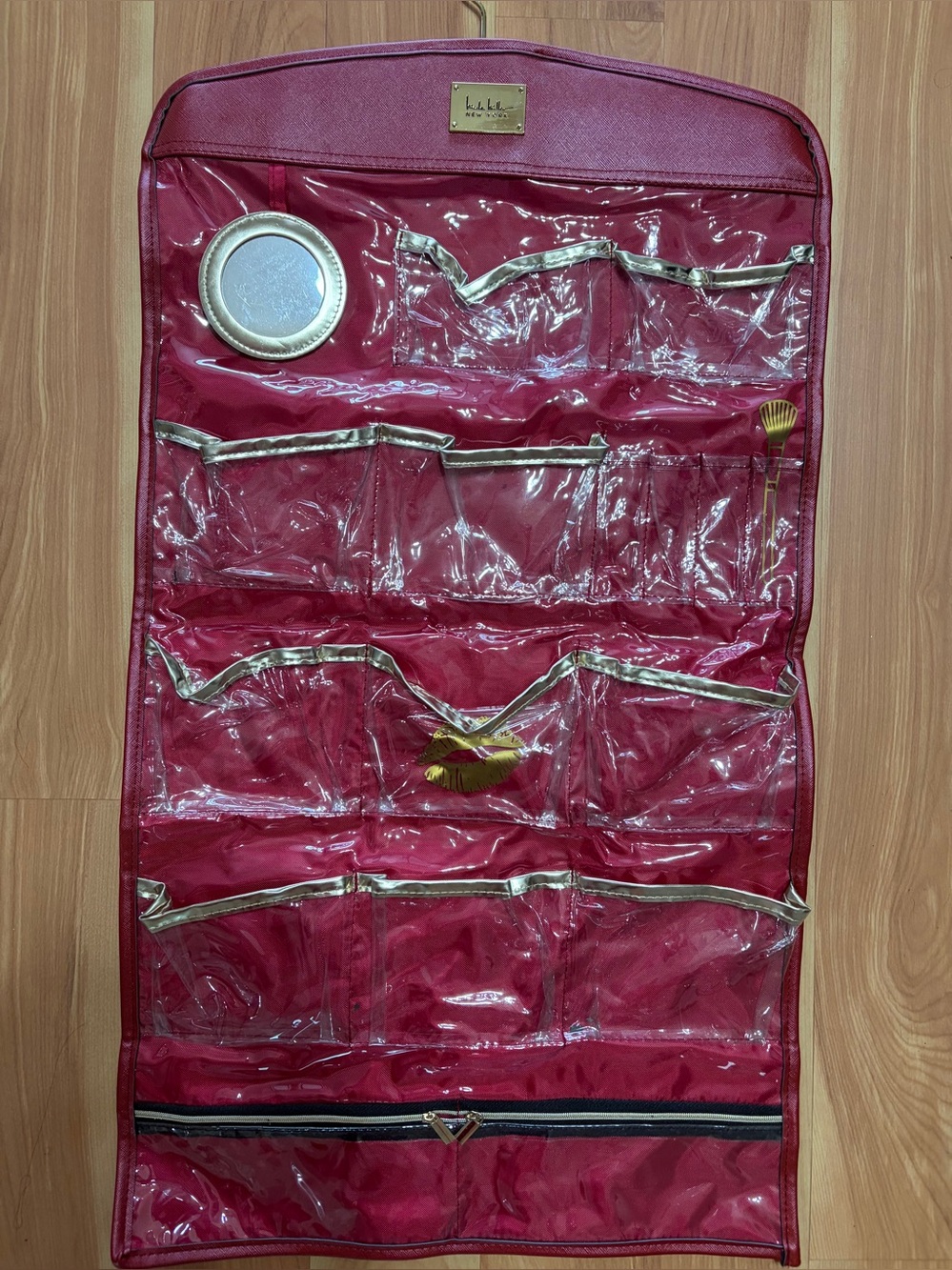 Nicole Miller Metallic Red Logo Makeup Pouch
